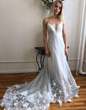 Unique Spaghetti Strap Long Cheap Tulle Prom Dress With Lace Applique OKO53