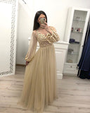 Stunning A Line Long Sleeves Tulle Appliques Prom Dresses OKH59