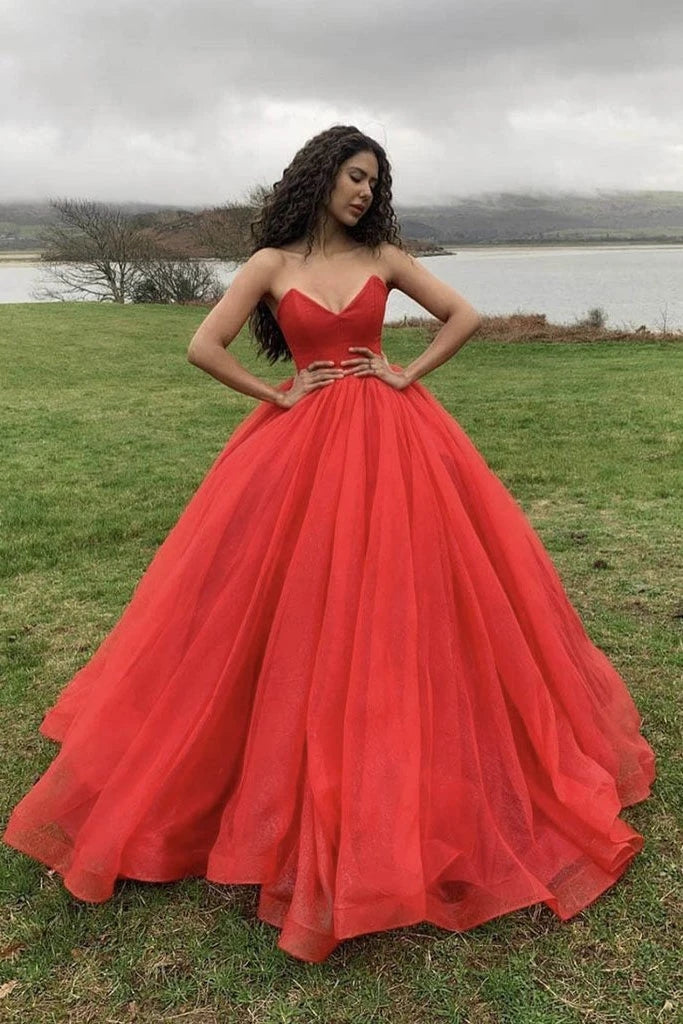 Red Sweetheart Ball Gown Tulle Simple Prom Dress Evening Dress OKT71