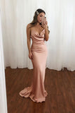 Pink Spaghetti Straps Mermaid Long Prom Dresses Simple Evening Dress OKQ34