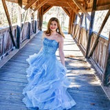 Charming Strapless Blue Ruffles Long Prom Dresses with Appliques OKL9