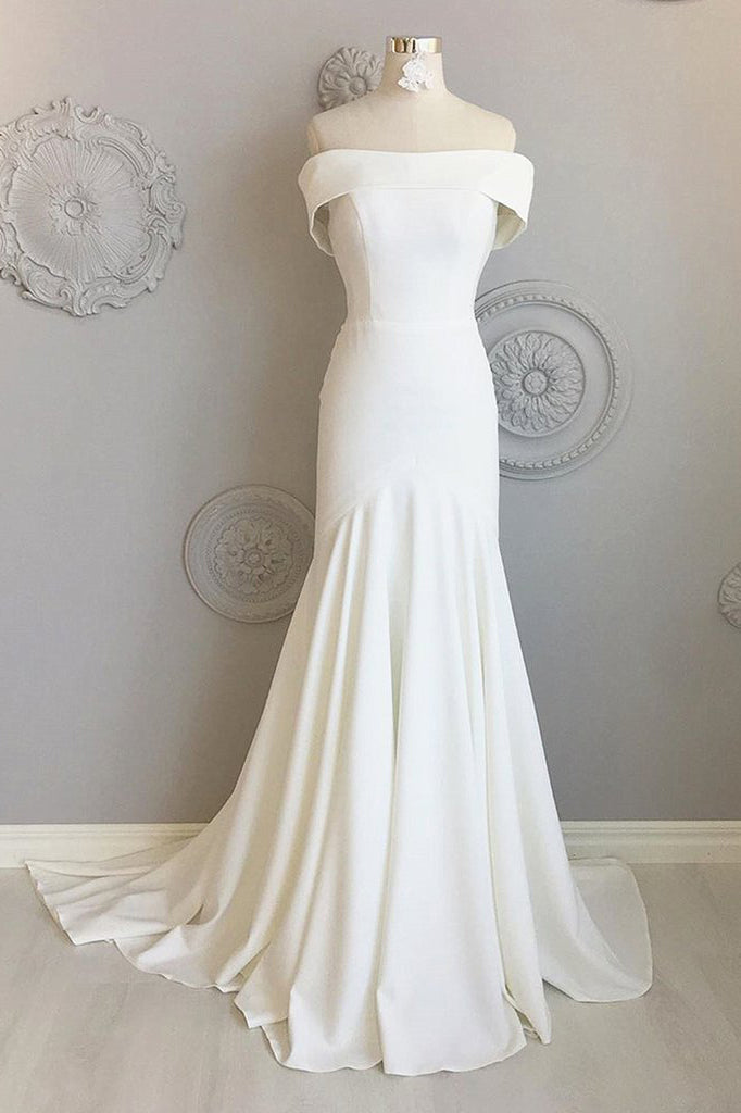 Ivory Off the Shoulder Mermaid Wedding Dress Long Bridal Dress OKX69