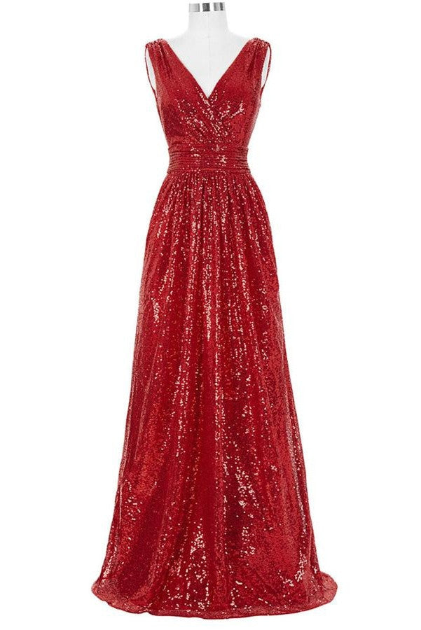 Red Sparkly V-neck Long A-line Backless Cheap Plus Size Prom Dress K742