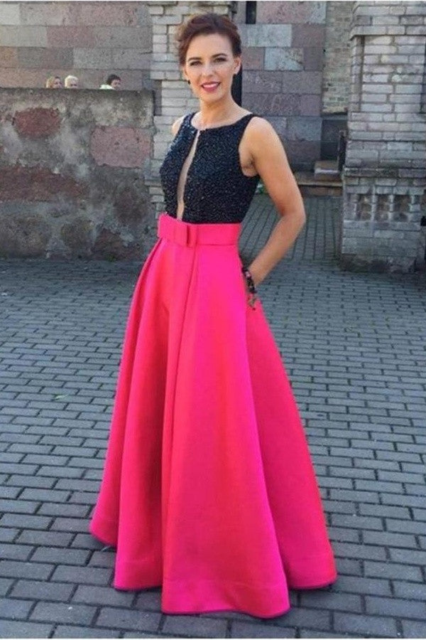Black Top Red Skirt Long Satin Beading A-line Pretty Party Dress Prom Dresses K756