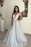 A Line V Neck Tulle Long Appliques Prom Dresses, Evening Gown OKP80
