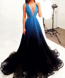 new Black Blue Gradient Tulle Long Evening Party Dress,A Line V-neck Prom Dress OK245