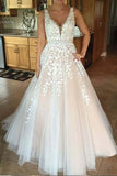 V neck Tulle Lace Long Wedding Dresses,Tulle Ball Gown Prom Dress With Appliques OK402