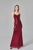 Burgundy Sequins Sheath Spaghetti Straps Prom Dress XU90811