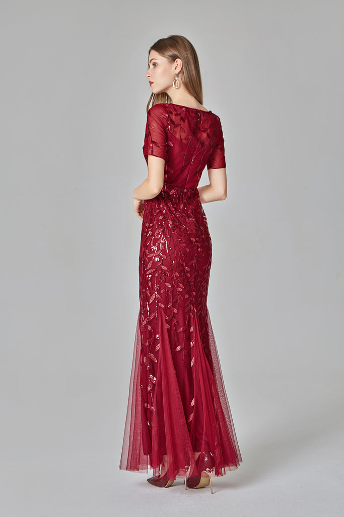 Burgundy Sheath Short Sleeves Round Long Prom Dress 90801