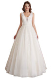 Elegant A-line Tulle Sleeveless Wedding Dress Lace Appliques Prom Gown OKU49