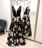 A Line V Neck Floral Prom Dress, Long Black Prom Gown OKK27