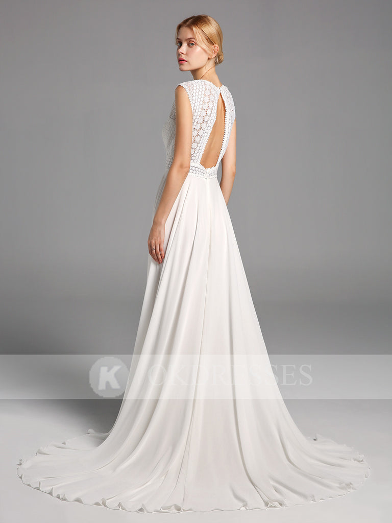 Elegant Chiffon Long Wedding Dresses Open Back Bridal Gowns With Lace Top OKV13