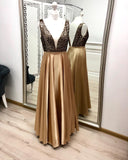 Charming A Line V Neck Gold Prom Dress, Beaded Long Prom Dress OKK21