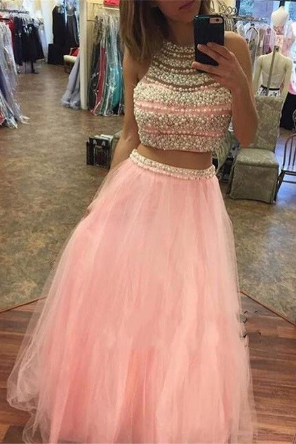 Beautiful Pink Two Pieces Beading Tulle Long Cheap Prom Dress K687