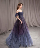 Ombre A Line Dark Purple Tulle Long Prom Dress Evening Party Dress OK1162