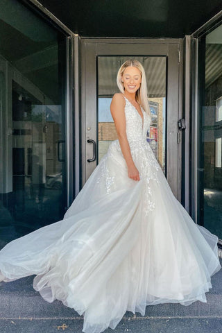 V Neck Tulle Lace Long Prom Dress Elegant A Line Wedding Dress With Appliques OK1157