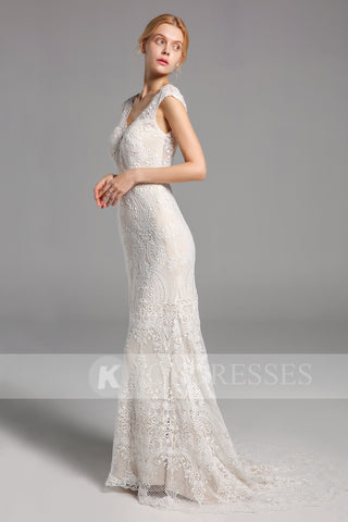 New Arrival Mermaid Lace Long Wedding Dresses V Neck Bridal Gowns OKV15