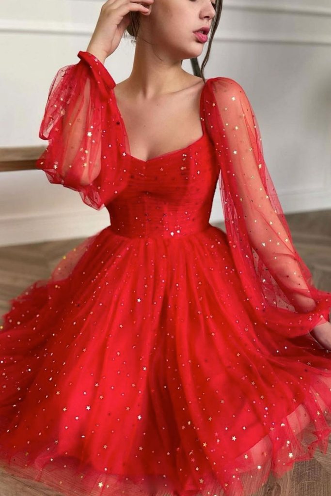 Red Tulle A Line Long Sleeves Homecoming Dress With Stars Graduation Dress OKZ51