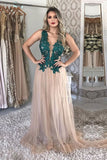 A Line Tulle V Neck Long Prom Dress With Green Appliques OKP96
