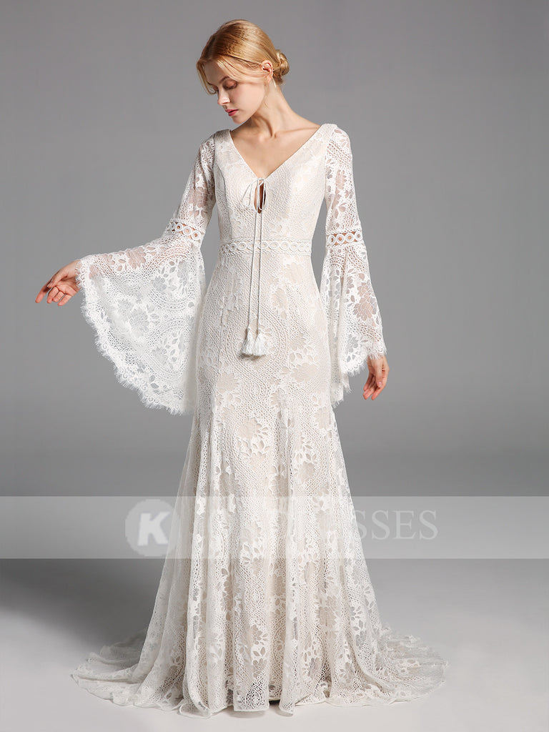 A-line Lace Long Sleeves Wedding Dresses V Neck Bridal Gowns OKV16