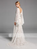 A-line Lace Long Sleeves Wedding Dresses V Neck Bridal Gowns OKV16