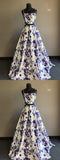 Cheap Long Two Piece A Line Floral Printed Straps Prom Dresses OKB92
