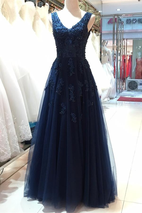 V-neck Navy Blue Lace Tulle Beading Long Backless Prom Dress K699