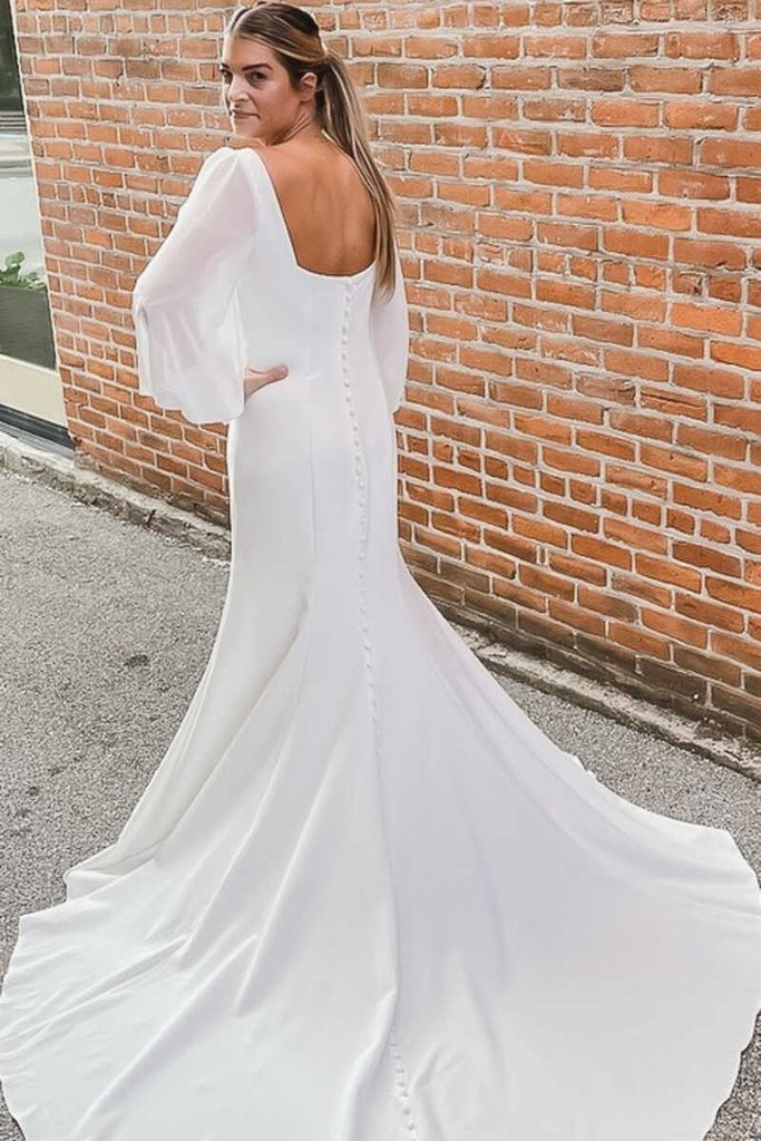 Charming Square Neck Long Sleeves Satin Backless Mermaid Wedding Dress OK1621