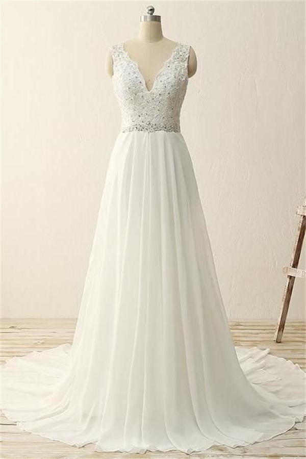 V-neck Ivory Chiffon Beading Long Simple High Quality Cheap Beach Wedding Dress W23