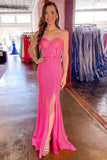 Hot Pink Sequin Strapless Sweetheart Mermaid Long Prom Dress with Slit OK1893