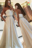 Sweetheart Backless Long Ivory Lace Satin A-line Simple Prom Dress K736