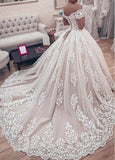 Off The Shoulder Lace Appliques Wedding Dress Princess Tulle Bridal Gown OKY66