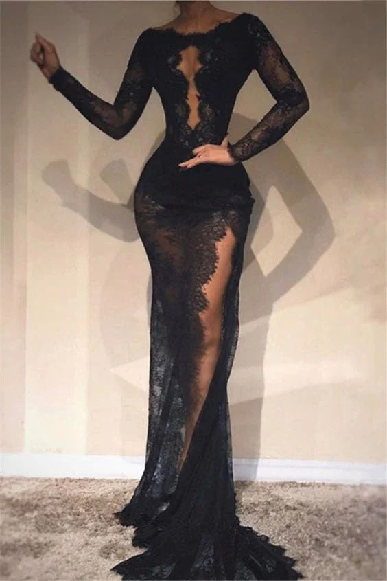 Black Sheath Long Sleeves Mermaid Prom Dresses Lace Evening Dresses OK1973