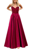Burgundy Satin Spaghetti Straps Prom Dress Long A-line Evening Dress with Pockets OKY56