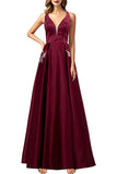 V Neck Prom Dress with Beads Pockets A-line Burgundy Satin Long Party Dress OKY53