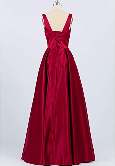 V Neck Prom Dress with Beads Pockets A-line Burgundy Satin Long Party Dress OKY53