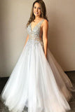 V-neck Beaded Tulle A Line Gray Long Prom Dress  Formal Party Dress OK1102