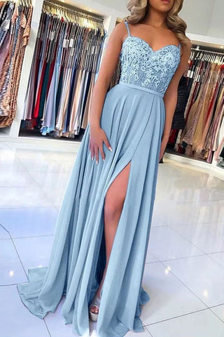 Light Blue Chiffon Slit Spaghetti Straps Prom Dress, Formal Evening Dresses OKQ5
