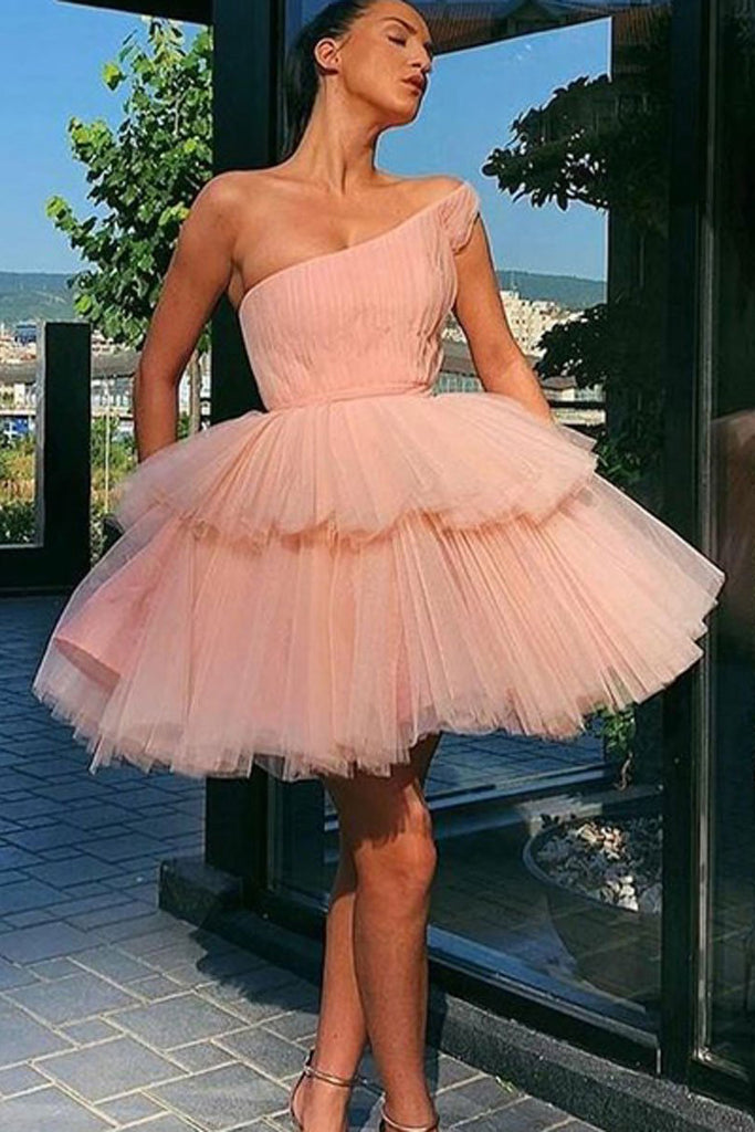 Pink Tulle One Shoulder Short Prom Dress A-line Homecoming Dress OKX67