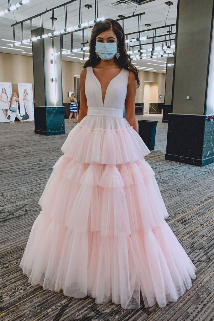 Pink V Neck Tulle Layers Long Prom Dress A Line Formal Evening Dress OKZ21