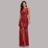 Burgundy Sheath Sexy Lonmg Prom Dress With Sequins XU90816