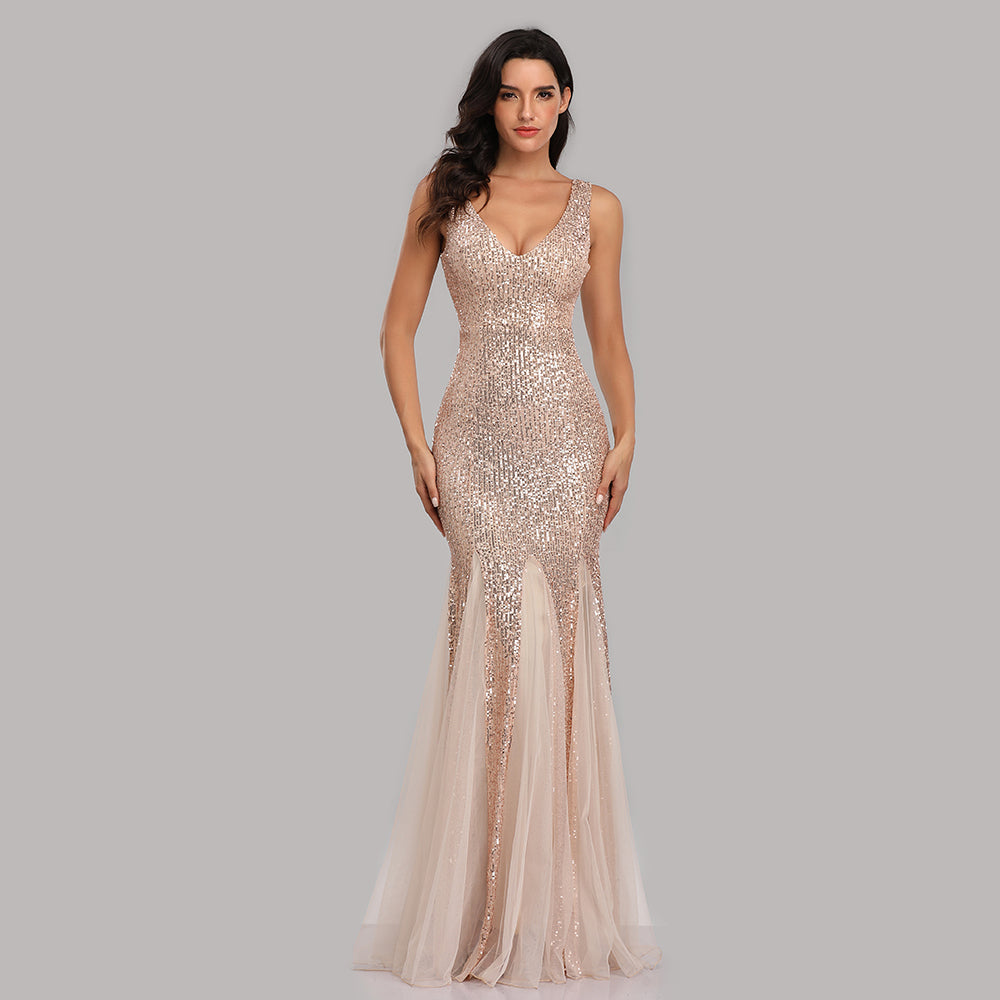 Mermaid Burgundy Tulle Long Sequined Prom Dress XU90813