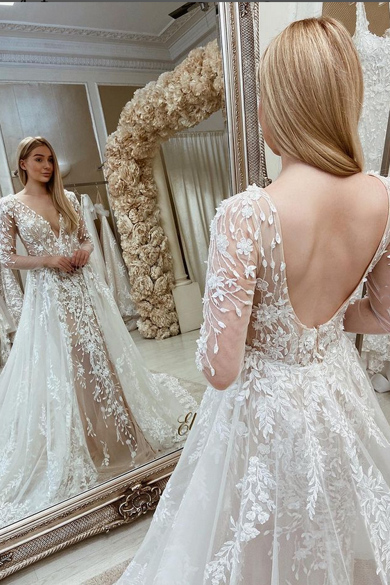 Off White Lace Appliques Long Sleeves Backless Mermaid Wedding Dress with Attached Train OK1594