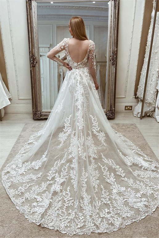 Off White Lace Appliques Long Sleeves Backless Mermaid Wedding Dress with Attached Train OK1594