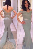 Off Shoulder Silver Lace Sweep Train Backless Cheap Prom Dress K679