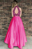 Two Piece High Neck Open Back Satin Hot Pink Prom Dresses with Beading OK965