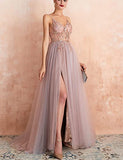 Women's Long V Neck Sexy Evening Dress A-line Tulle Beaded Prom Dress Blush OKY57