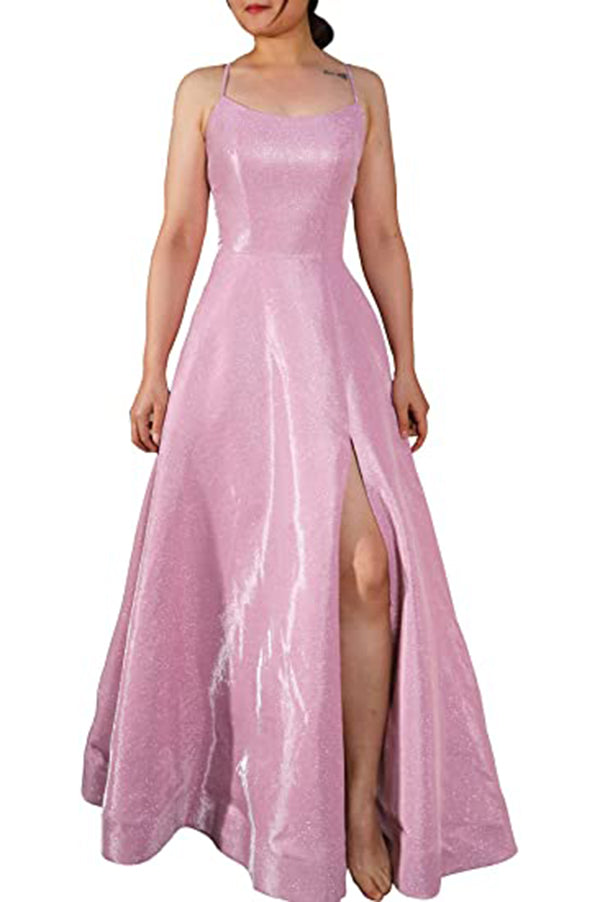 Pink Spaghetti Straps Long A-line Long Prom Dress with Pockets Slit OKY44