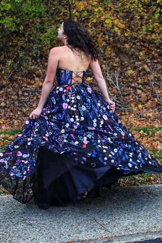 Strapless Embroidery Formal A-line Long Prom Dress Evening Party Dress OK1323