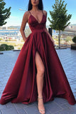 A Line V Neck Black Long Prom Dress SatinFormal Evening Dress With Pockets OK1280